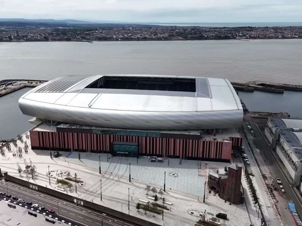 An aerial view of the Hill Dickinson Stadium at Bramley Moore Dock, Liverpool, home of Everton F.C.