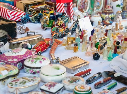 Antiques items for sale at Bury Market.