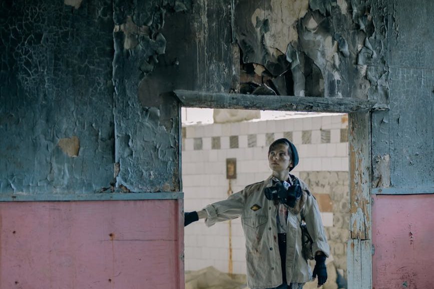 boy in gray jacket standing near red door