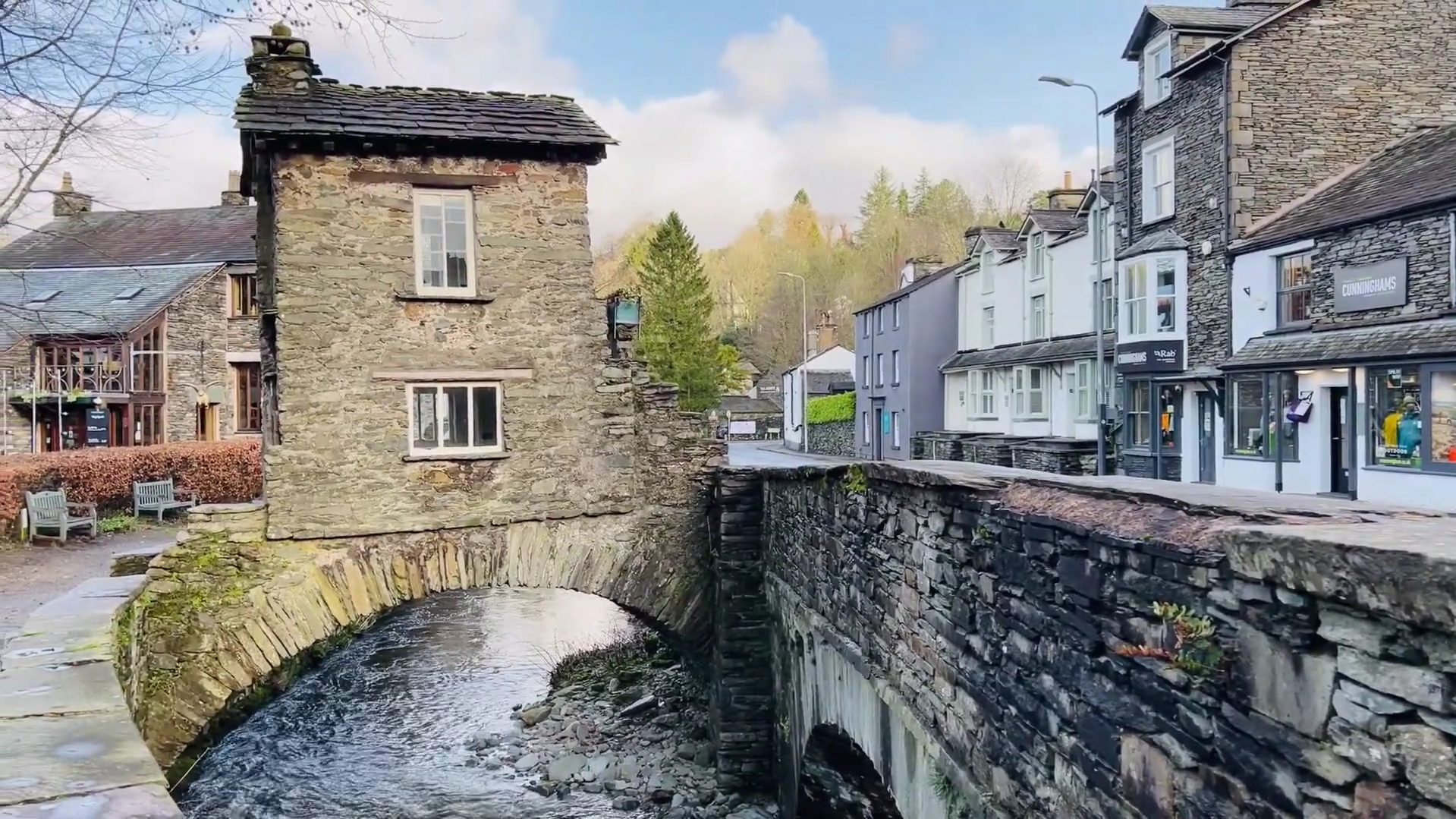 A house is built on the top of an arched bridge in Ambleside, Cumbria